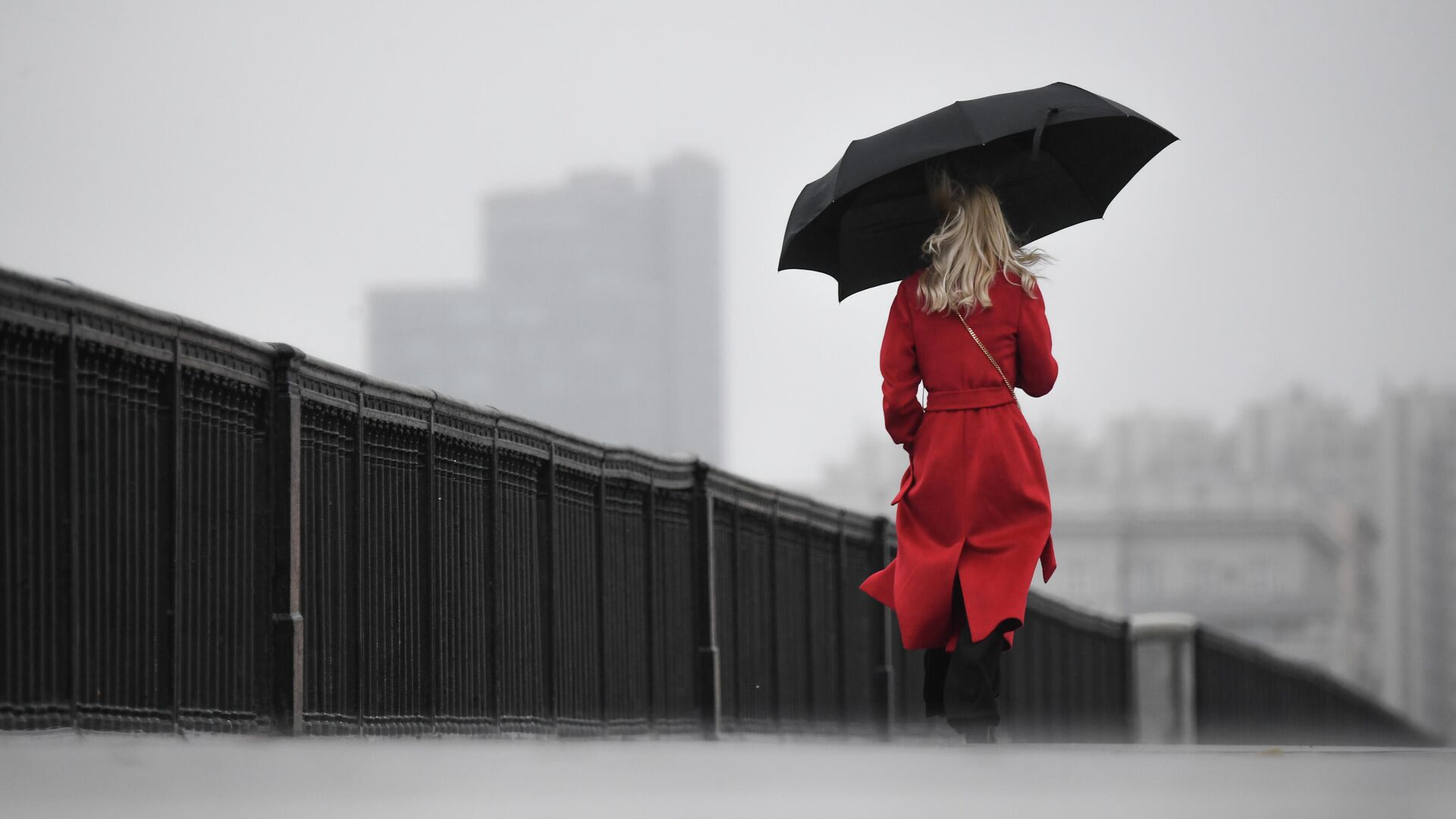 Женщина с зонтом идет по Крымскому мосту во время дождя в Москве - РИА Новости, 1920, 25.11.2021