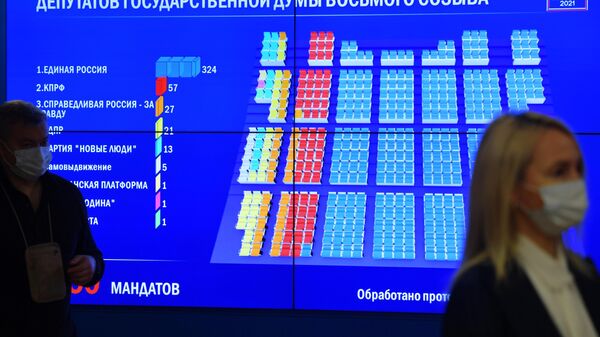 Экран в Центральной избирательной комиссии РФ с результатами выборов в Государственную Думу 