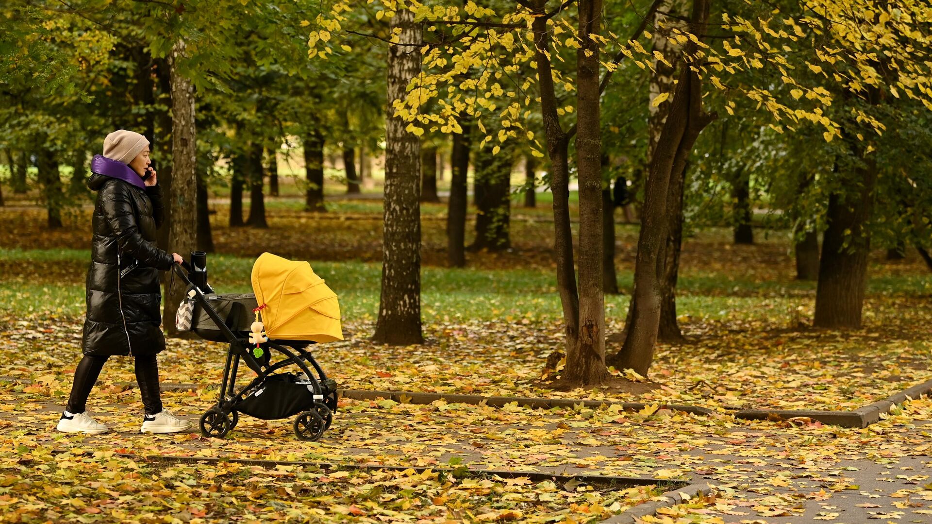 Женщина с коляской во время прогулки в парке Красная Пресня в Москве - РИА Новости, 1920, 04.10.2021