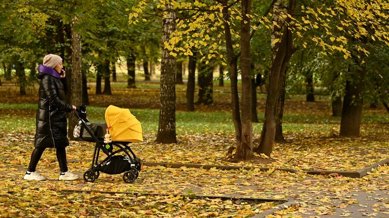 Женщина с коляской во время прогулки в парке Красная Пресня в Москве