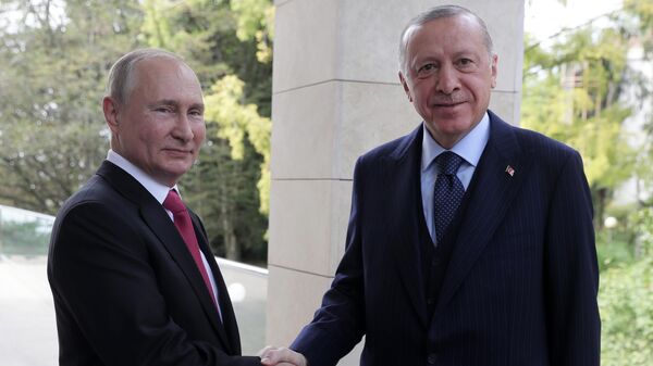 Президент РФ Владимир Путин и президент Турции Реджеп Тайип Эрдоган во время встречи в сочинской резиденции Бочаров Ручей