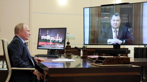 Президент РФ Владимир Путин проводит в режиме видеоконференции встречу с временно исполняющим обязанности губернатора Тамбовской области Максимом Егоровым