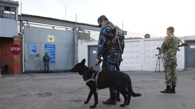 Сотрудники ФСИН у КПП исправительной колонии №4 города Алексеевка Белгородской области