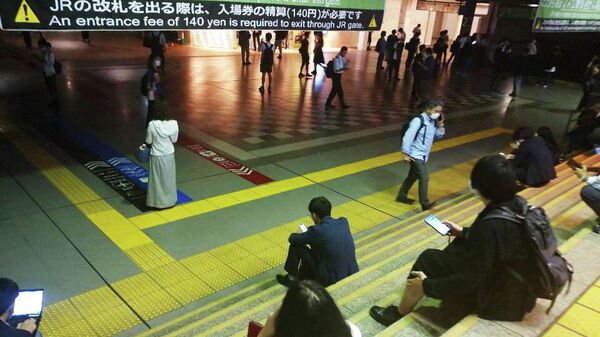 Пассажиры на станции Синагава в Токио во время приостановки движения поездов из-за землетрясения 