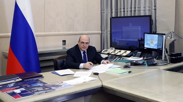 Председатель правительства РФ Михаил Мишустин во время встречи в режиме видеоконференции вице-премьерами РФ