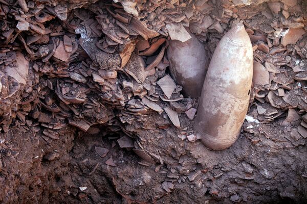 Фрагменты кувшинов, найденные на раскопках 1500-летней византийской винодельни, обнаруженной Управлением древностей Израиля 