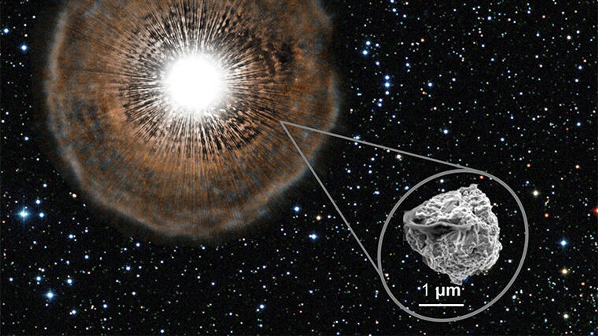  Зерно карбида кремния звездной пыли под электронным микроскопом (справа), образовавшееся более 4,6 миллиарда лет назад в результате охлаждения оболочек древних звезд (художественное изображение слева) - РИА Новости, 1920, 12.10.2021