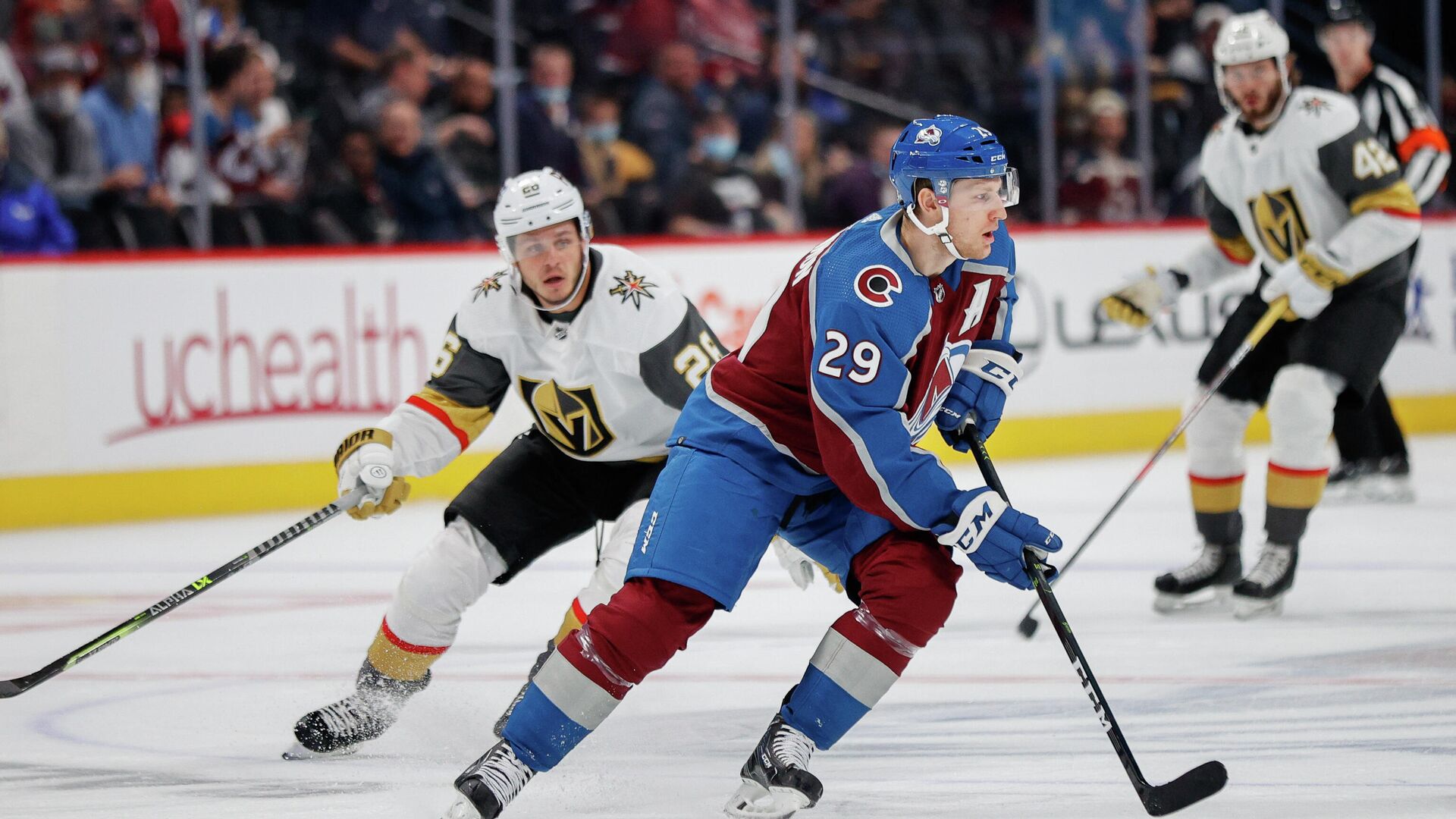 Oct 5, 2021; Denver, Colorado, USA; Colorado Avalanche center Nathan MacKinnon (29) controls the puck against Vegas Golden Knights center Mattias Janmark (26) in the first period at Ball Arena. Mandatory Credit: Isaiah J. Downing-USA TODAY Sports - РИА Новости, 1920, 13.10.2021