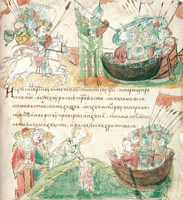 Поход на Царьград Аскольда и Дира в Радзивилловской летописи, конец XV века Поход на Царьград Аскольда и Дира в Радзивилловской летописи, конец XV века