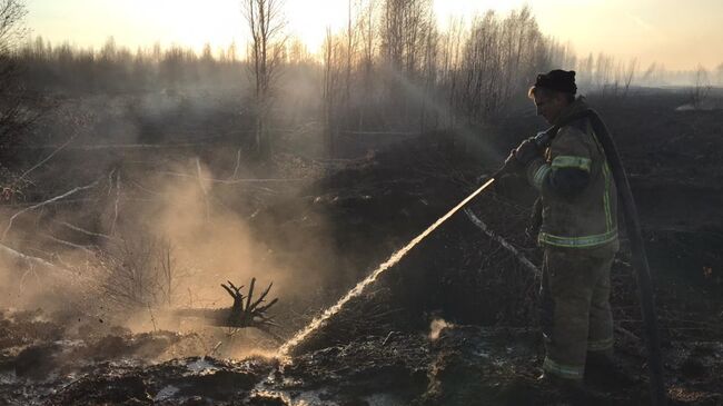 Пожарный у тлеющего торфяника на юге Екатеринбурга