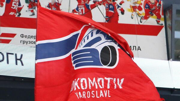 Болельщик ярославского Локомотива с флагом клуба на матче КХЛ