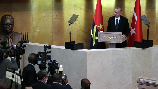 Президент Турции Реджеп Тайип Эрдоган во время выступления в парламенте Анголы