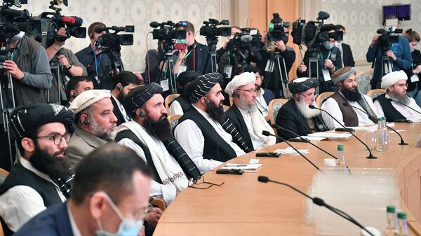 Представители политического совета движения Талибан* по время третьего заседания московского формата консультаций по Афганистану