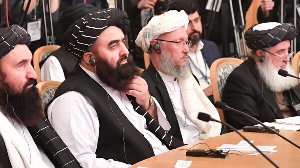 Представители политического совета движения Талибан* по время третьего заседания московского формата консультаций по Афганистану