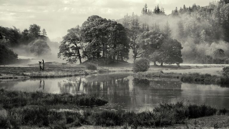 Работа фотографа Miles Middlebrook Daybreak beside the River Brathay, занявшая первое место в категории Black and White  в фотоконкурсе UK Landscape Photographer of the Year 2021