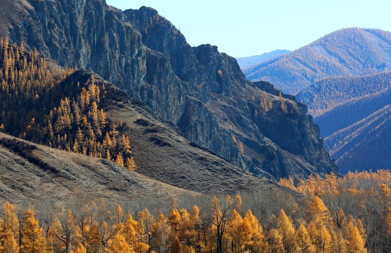 Таёжный пейзаж в долине горной реки Ак в предгорьях хребта Западный Саян в Барун-Хемчикском кожууне (районе) на северо-западе Республики Тыва Таёжный пейзаж в долине горной реки Ак в предгорьях хребта Западный Саян в Барун-Хемчикском кожууне (районе) на северо-западе Республики Тыва