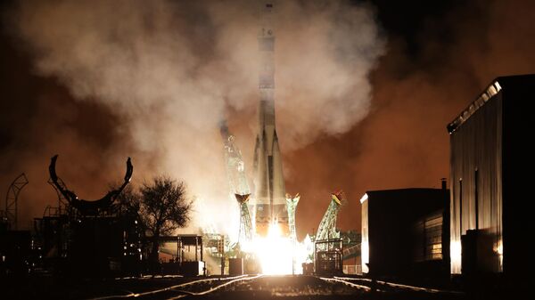 Запуск ракеты-носителя Союз-2.1а с грузовым кораблем Прогресс МС-18 со стартовой площадки космодрома Байконур