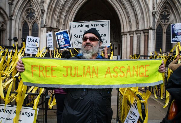 Участник акции в поддержку сооснователя WikiLeaks Джулиана Ассанжа у здания Королевского судного двора в Лондоне