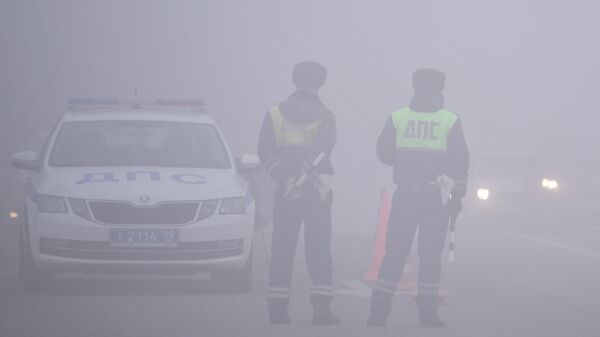 Сотрудники ДПС на дороге во время тумана