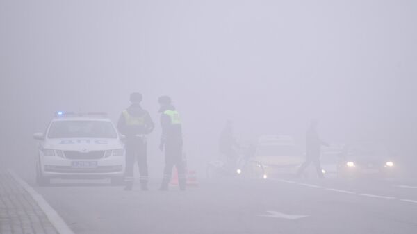 Сотрудники ДПС на дороге в Москве во время тумана