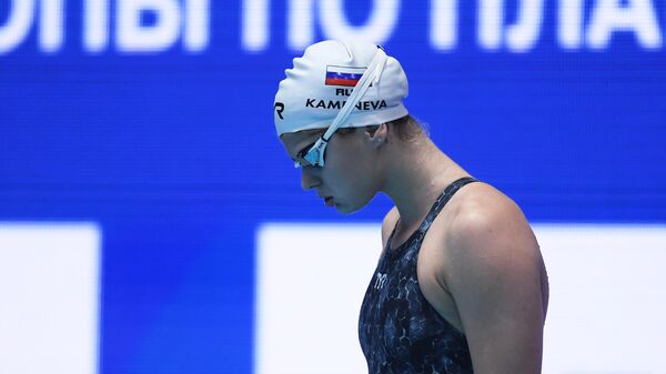 Мария Каменева (Россия) на старте полуфинального заплыва на 50 метров вольным стилем среди женщин на чемпионате Европы по плаванию на короткой воде в Казани.