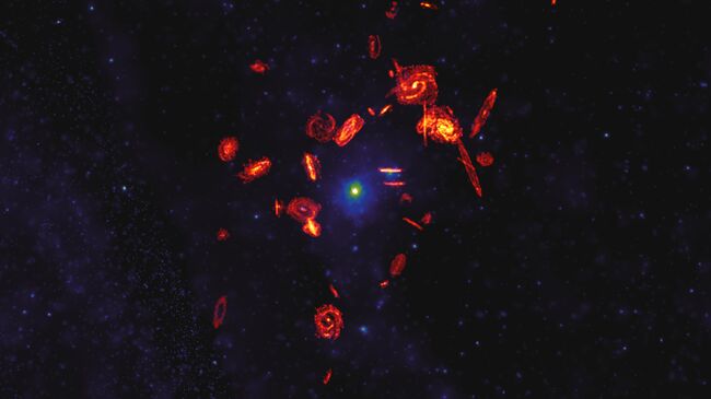 На этом составном изображении радиоволновые наблюдения ALMA за молекулярными газовыми дисками галактик увеличены в 20 раз и наложены на рентгеновское изображение горячей плазмы в скоплении Девы