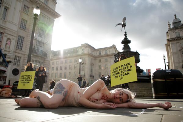 Активисты движения за права животных из организации PETA на площади Пикадилли в Лондоне