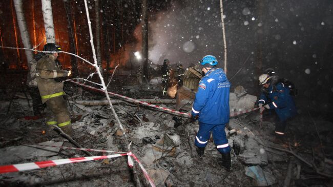 Сотрудники МЧС РФ и спасатели работают на месте крушения самолета Ан-12 в Иркутской области
