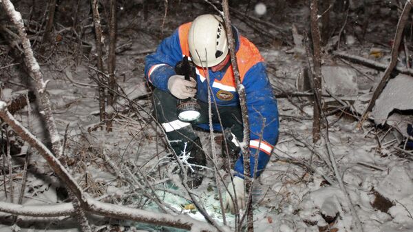 Сотрудник МЧС РФ ведет поиски на месте крушения самолета Ан-12 в Иркутской области
