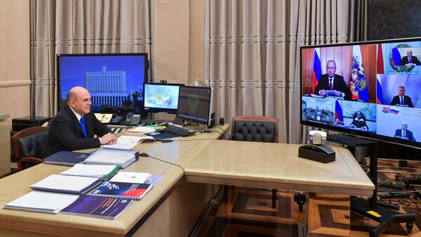 Председатель правительства РФ Михаил Мишустин принимает участие в режиме видеоконференции в заседании Высшего Государственного Совета Союзного государства