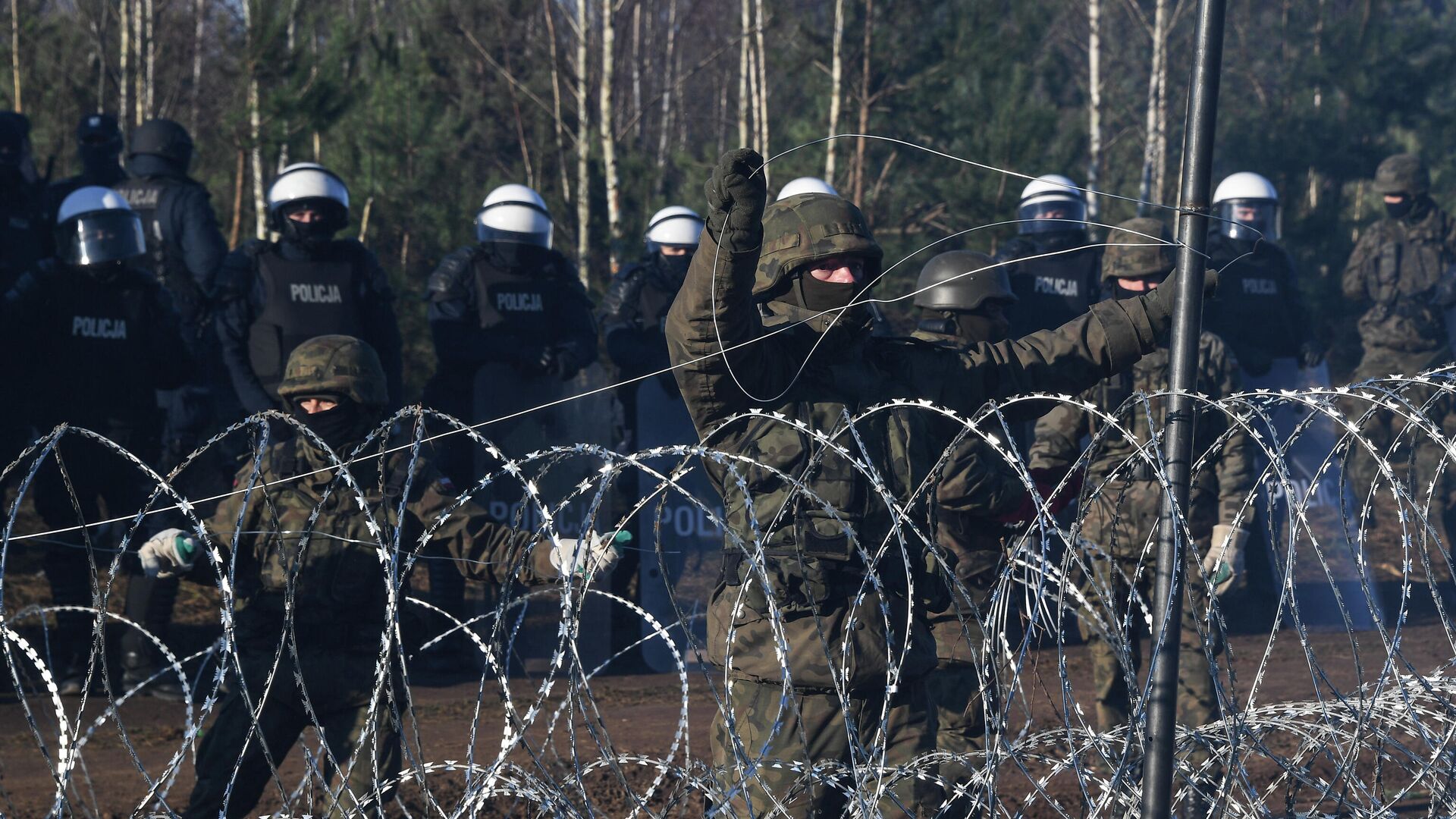 Польские военнослужащие устанавливают забор из колючей проволоки на польско-белорусской границе - РИА Новости, 1920, 11.11.2021