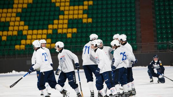 Хоккеисты Строителя в матче чемпионата России по бенди