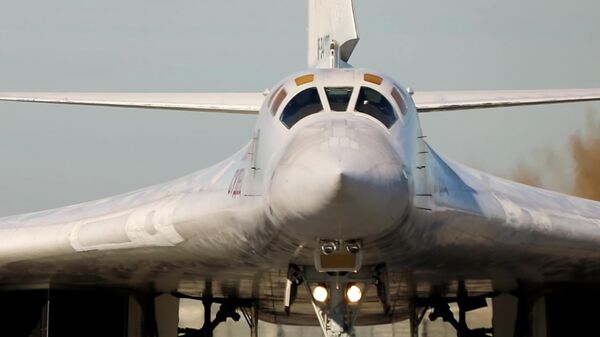 Стратегический бомбардировщик-ракетоносец Ту-160 ВКС России на аэродроме