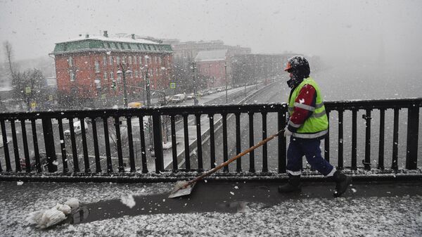 Сотрудник коммунальной службы чистит снег на Крымском мосту в Москве