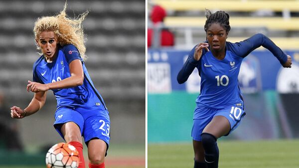 (COMBO/FILES) This combination of file photographs created on November 10, 2021, shows (L) France's midfielder Kheira Hamraoui as she kicks the ball during the women's Euro 2017 qualifying football match between France and Albania at The Charlety Stadium in Paris on September 20, 2016 and (R) France's midfielder Aminata Diallo as she runs with the ball during a 'SheBelieves Cup' football match between France and England at The Mapfre Stadium in Columbus, Ohio on March 1, 2018. - Paris Saint-Germain women's footballer Aminata Diallo was detained by police on November 10, 2021, in connection with a vicious street assault on a teammate and fellow French national player last week, her club said. (Photo by Franck FIFE and Paul VERNON / AFP)