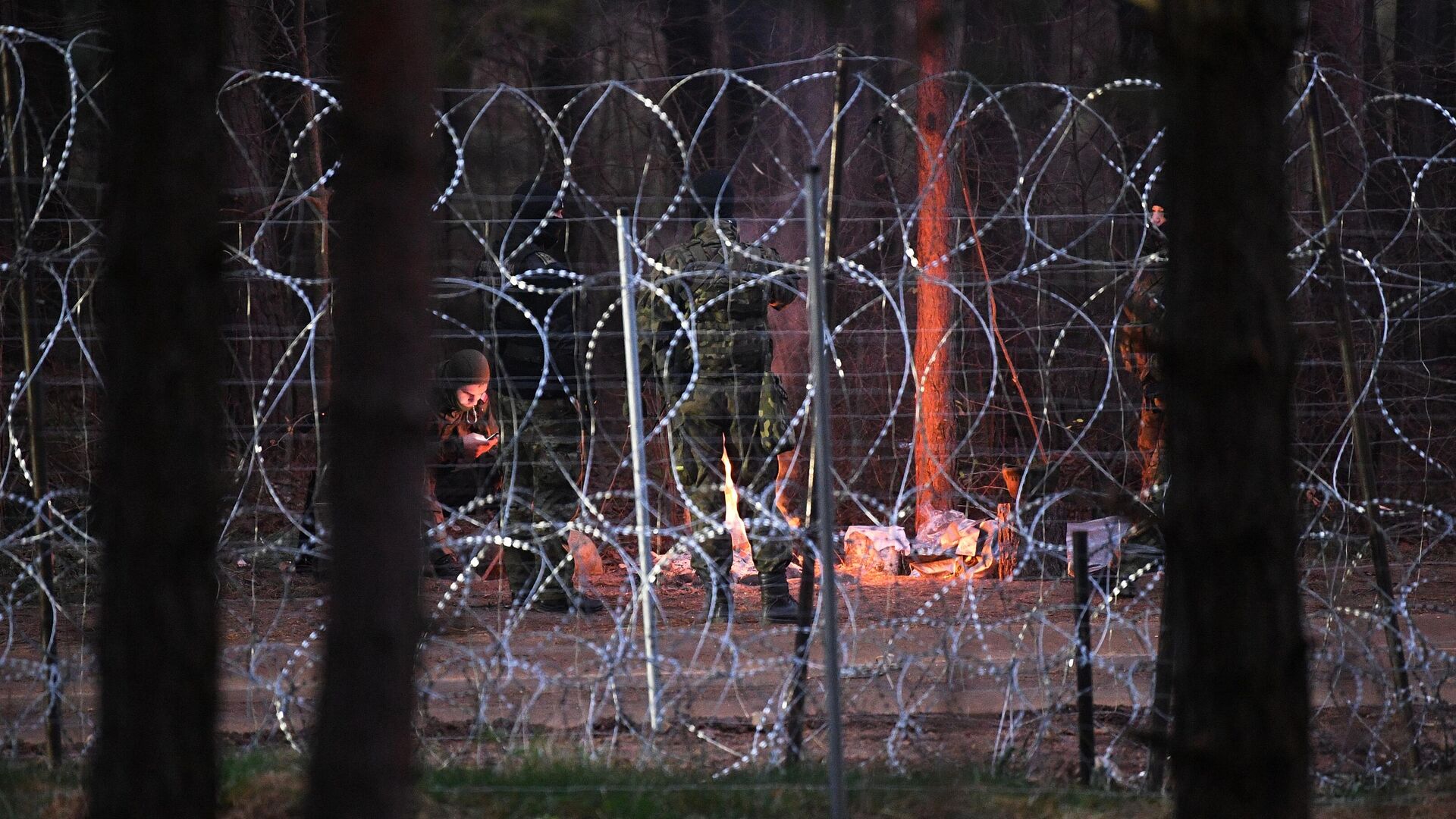 Польские военнослужащие возле заграждения из колючей проволоки у лагеря нелегальных мигрантов на белорусско-польской границе - РИА Новости, 1920, 16.08.2024