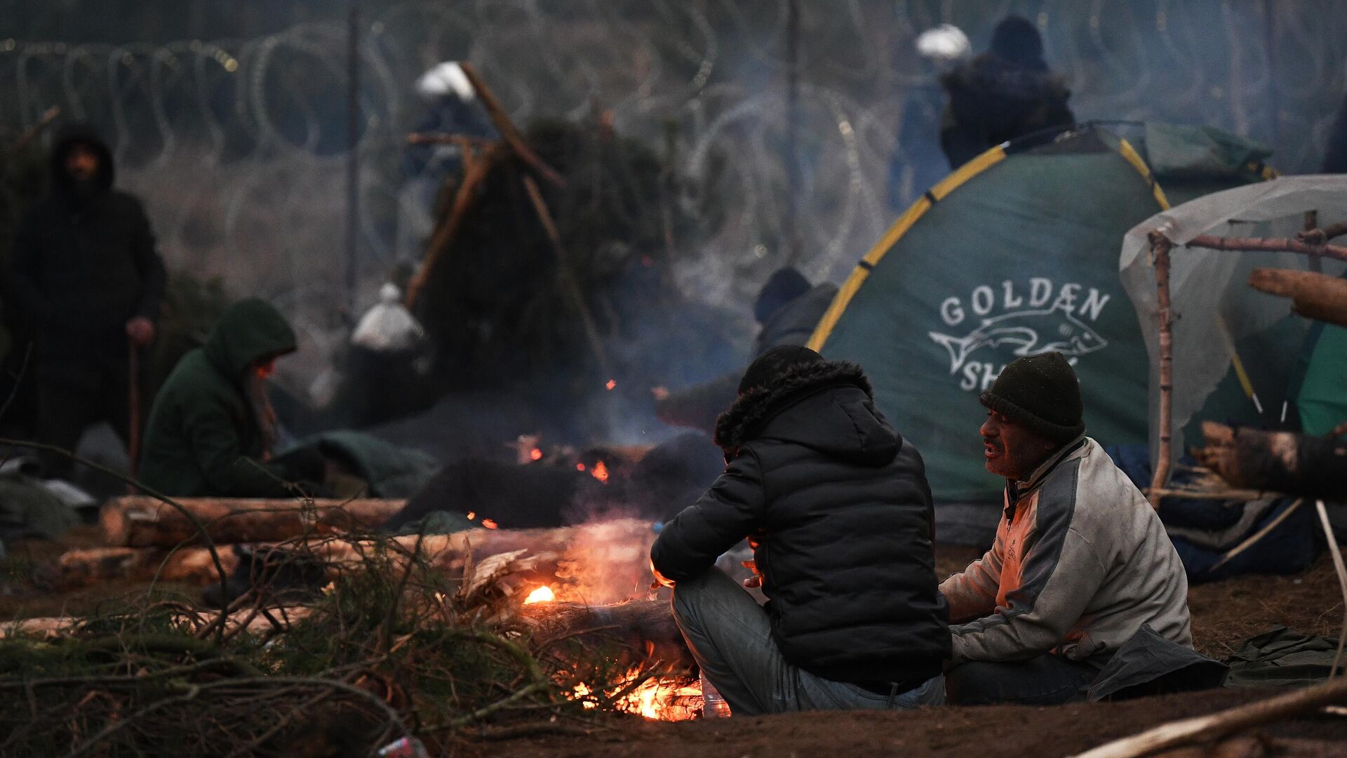 Люди греются у костра в лагере нелегальных мигрантов на белорусско-польской границе - РИА Новости, 1920, 27.11.2021
