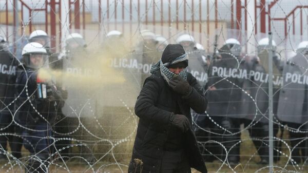 Сотрудник правоохранительных органов Польши применяет слезоточивый газ при попытке мигрантов пересечь белорусско-польскую границу