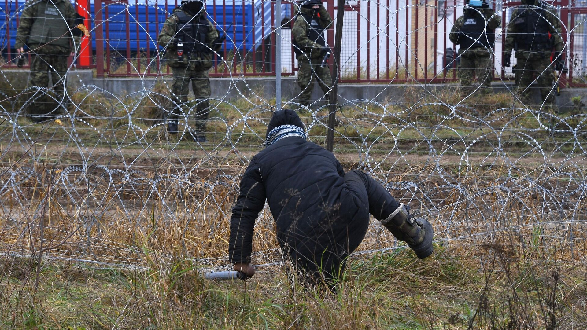 Мужчина пытается преодолеть проволочные заграждения на белорусско-польской границе - РИА Новости, 1920, 04.01.2025