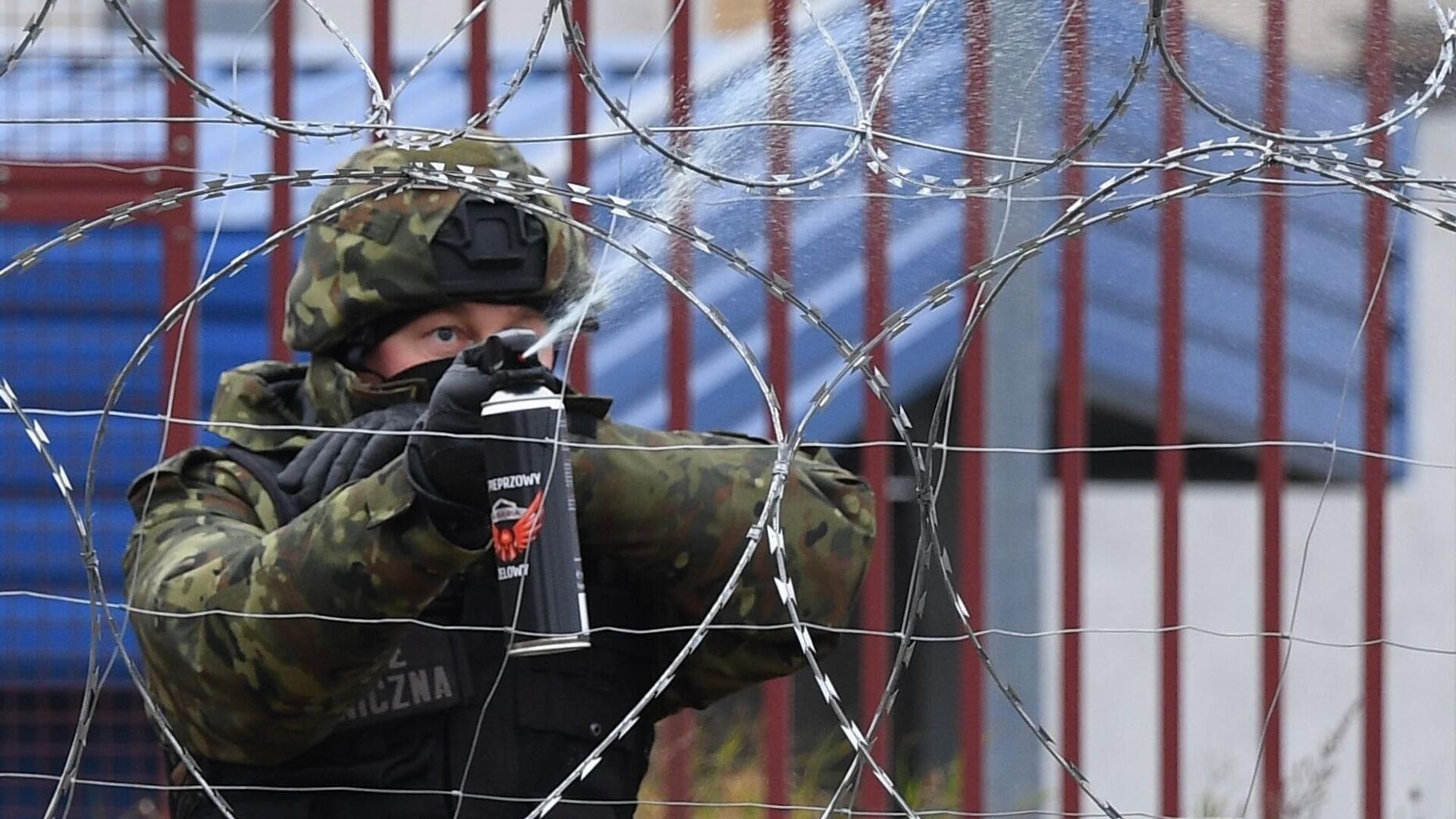 Польский военнослужащий распыляет спецсредство у проволочных заграждений на белорусско-польской границе  в районе погранперехода Брузги - Кузница - РИА Новости, 1920, 25.11.2021