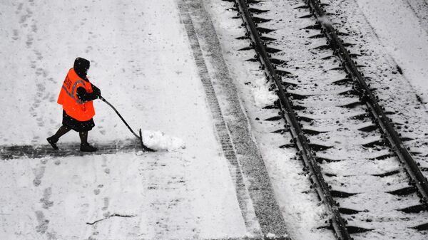 Сотрудница коммунальных служб чистит снег на железнодорожном вокзале во Владивостоке