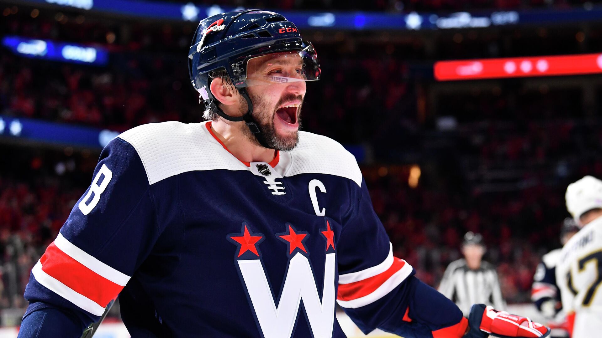 Nov 26, 2021; Washington, District of Columbia, USA; Washington Capitals left wing Alex Ovechkin (8) reacts after scoring a goal against the Florida Panthers during the second period at Capital One Arena. Mandatory Credit: Brad Mills-USA TODAY Sports - РИА Новости, 1920, 28.11.2021