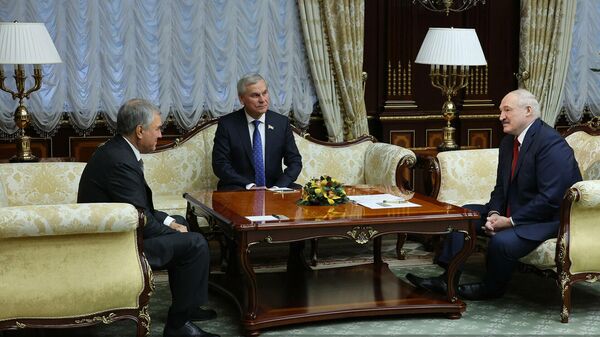 Президент Белоруссии Александр Лукашенко и председатель Государственной Думы России Вячеслав Володин во время встречи