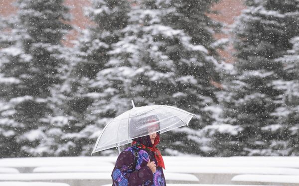 Женщина на Красной площади в Москве во время снегопада