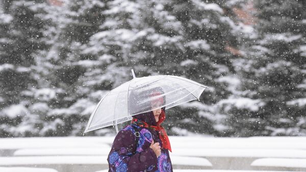 Женщина на Красной площади в Москве во время снегопада