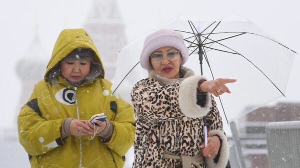 Люди на Красной площади в Москве во время снегопада