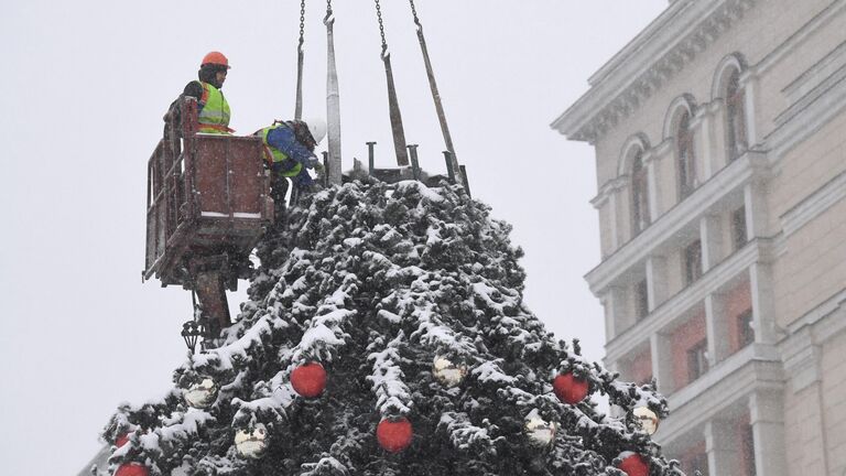 Рабочие устанавливают новогоднюю елку на Манежной площади в Москве во время снегопада