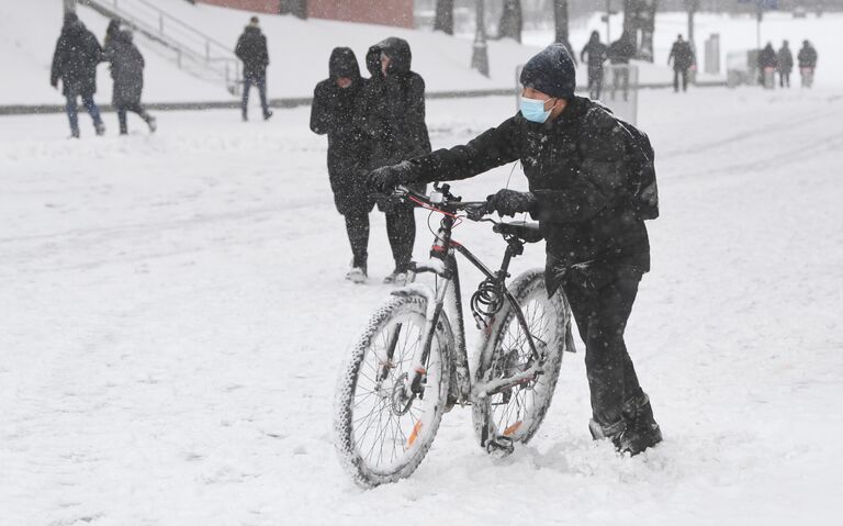 Люди на Красной площади в Москве во время снегопада