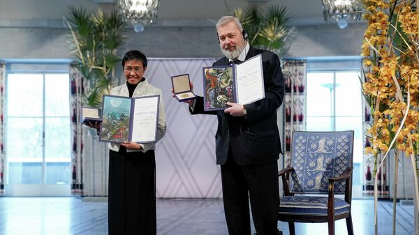 Мария Ресса и Дмитрий Муратов на церемонии вручения Нобелевской премии мира в Осло