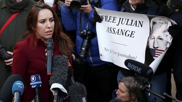 Стелла Моррис во время акции в поддержку Джулиана Ассанжа у здания Королевского судного двора в Лондоне